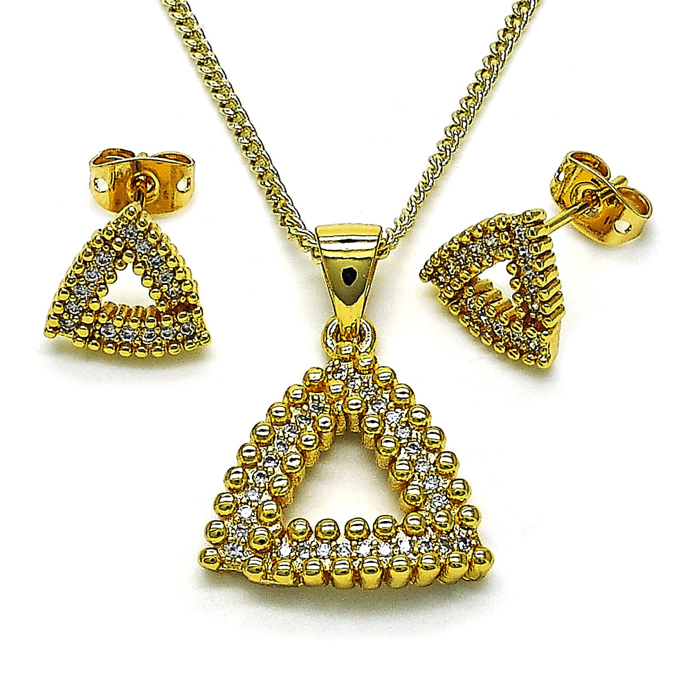 Oro Laminado Earring and Pendant Adult Set, Gold Filled Style with White Micro Pave, Polished, Golden Finish