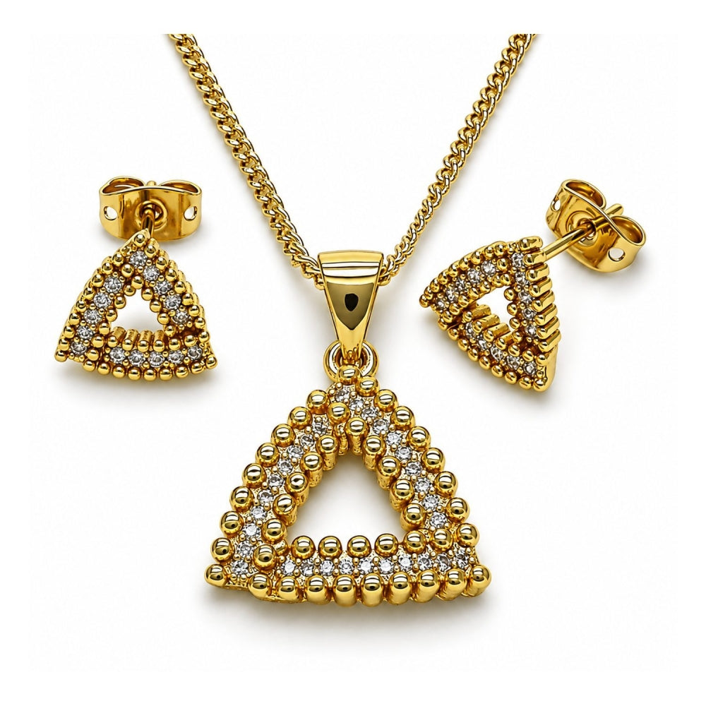 Oro Laminado Earring and Pendant Adult Set, Gold Filled Style with White Micro Pave, Polished, Golden Finish