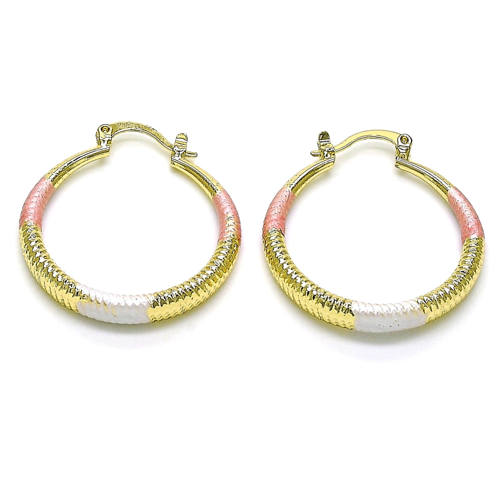 Oro Laminado Medium Hoop, Gold Filled Style Hollow Design, Diamond Cutting Finish, Tricolor