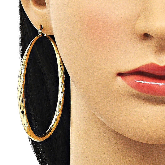 Oro Laminado Extra Large Hoop, Gold Filled Style Hollow Design, Diamond Cutting Finish, Golden Finish