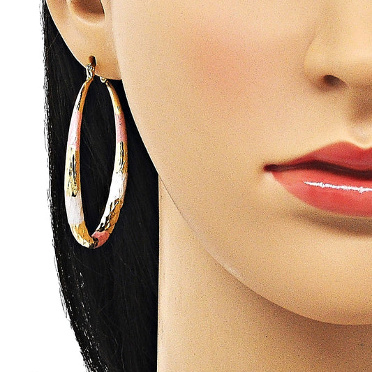 Oro Laminado Large Hoop, Gold Filled Style Hollow Design, Diamond Cutting Finish, Tricolor