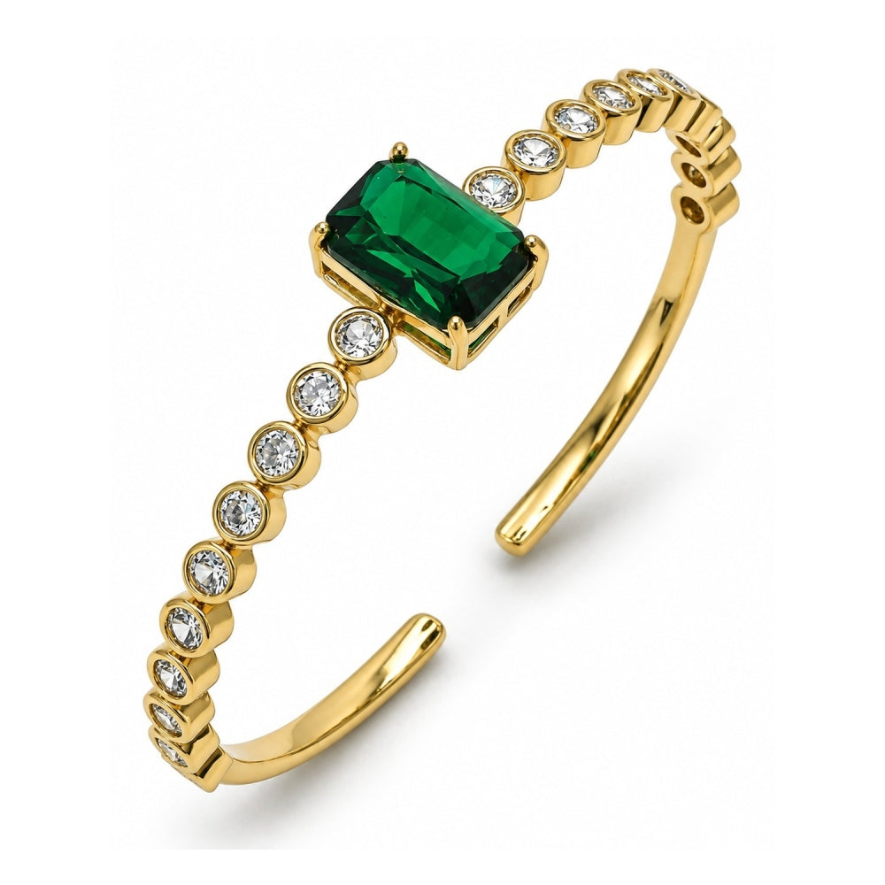 Oro Laminado Individual Bangle, Gold Filled Style with Green and White Cubic Zirconia, Polished, Golden Finish