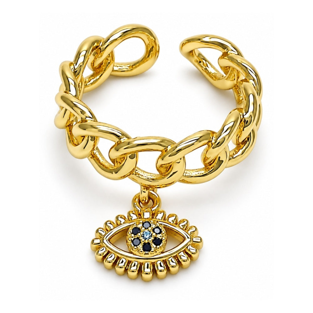 Oro Laminado Multi Stone Ring, Gold Filled Style Evil Eye and Curb Design, with Black and Blue Topaz Micro Pave, Polished, Golden Finish