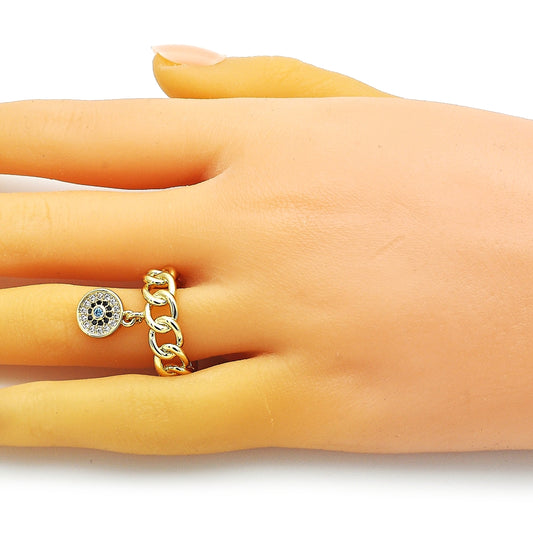 Oro Laminado Multi Stone Ring, Gold Filled Style Curb and Evil Eye Design, with Blue Topaz and Black Micro Pave, Polished, Golden Finish