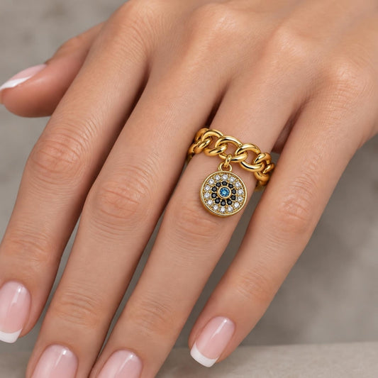 Oro Laminado Multi Stone Ring, Gold Filled Style Curb and Evil Eye Design, with Blue Topaz and Black Micro Pave, Polished, Golden Finish