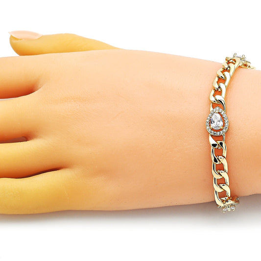 Oro Laminado Fancy Bracelet, Gold Filled Style Teardrop and Curb Design, with White Cubic Zirconia and White Micro Pave, Polished, Golden Finish