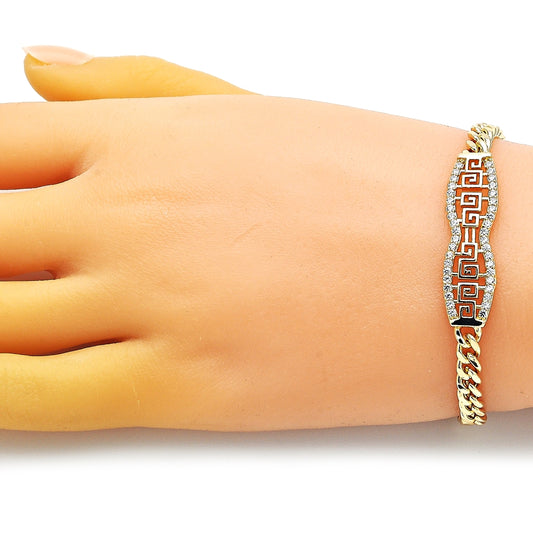 Oro Laminado Fancy Bracelet, Gold Filled Style Greek Key and Miami Cuban Design, with White Micro Pave, Polished, Golden Finish