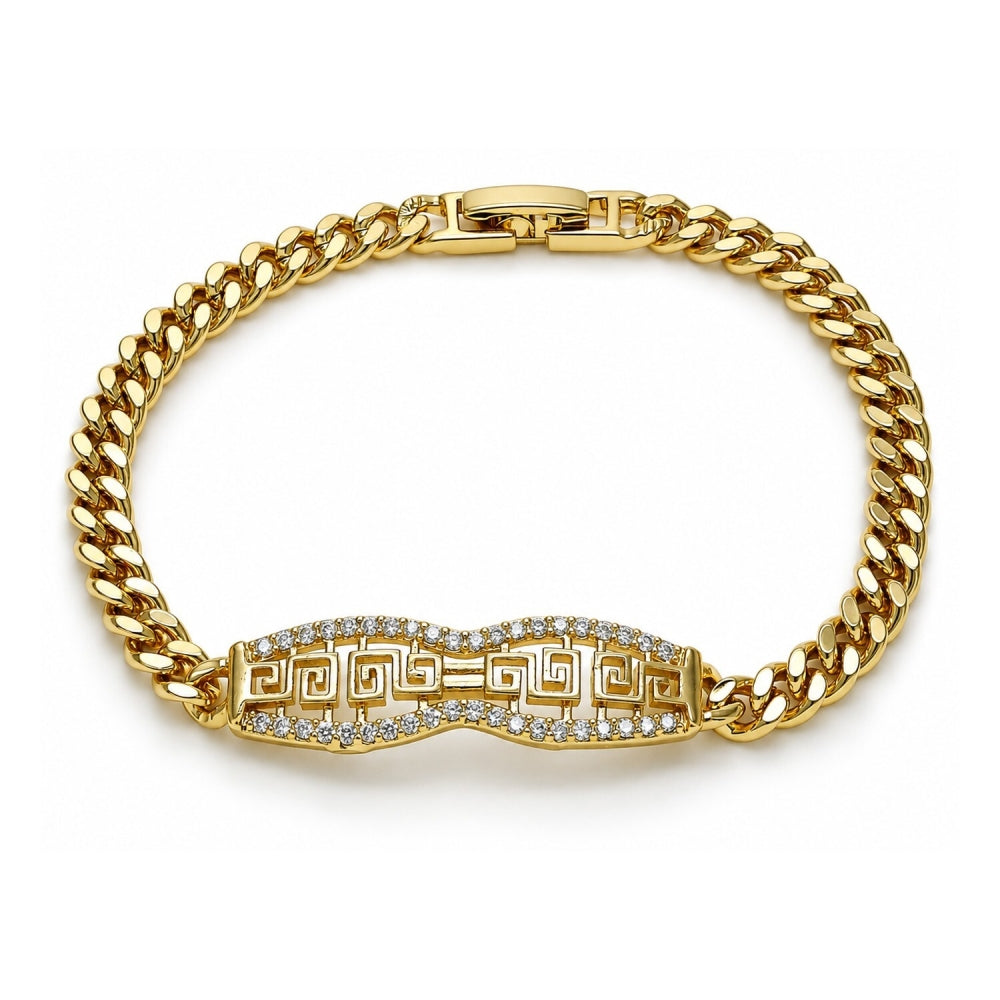 Oro Laminado Fancy Bracelet, Gold Filled Style Greek Key and Miami Cuban Design, with White Micro Pave, Polished, Golden Finish