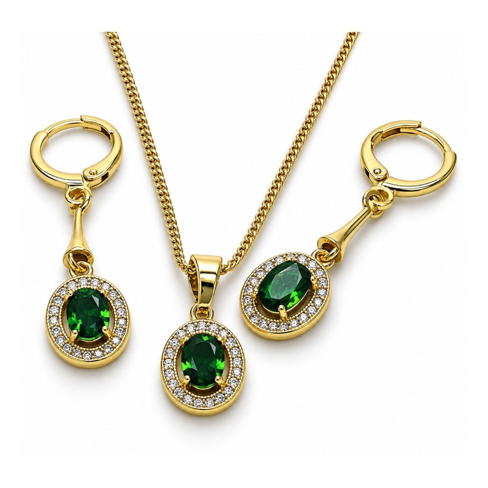 Oro Laminado Earring and Pendant Adult Set, Gold Filled Style with Green Cubic Zirconia and White Micro Pave, Polished, Golden Finish