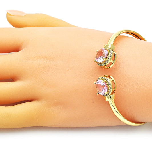 Oro Laminado Individual Bangle, Gold Filled Style with Pink Cubic Zirconia and White Micro Pave, Polished, Golden Finish