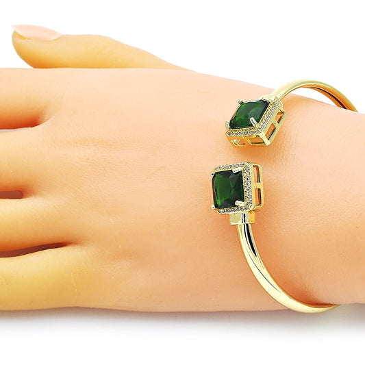 Oro Laminado Individual Bangle, Gold Filled Style with Green Cubic Zirconia and White Micro Pave, Polished, Golden Finish