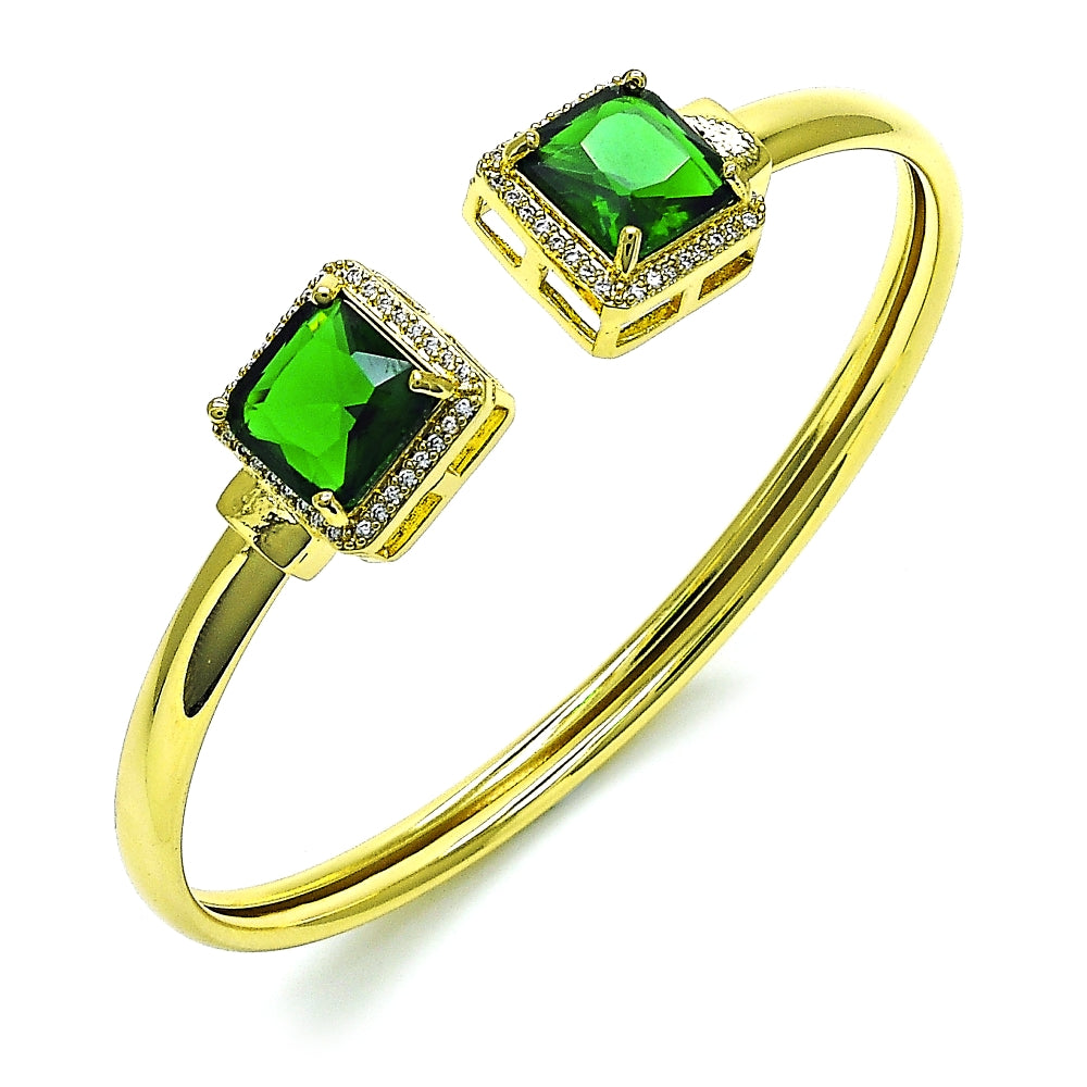 Oro Laminado Individual Bangle, Gold Filled Style with Green Cubic Zirconia and White Micro Pave, Polished, Golden Finish