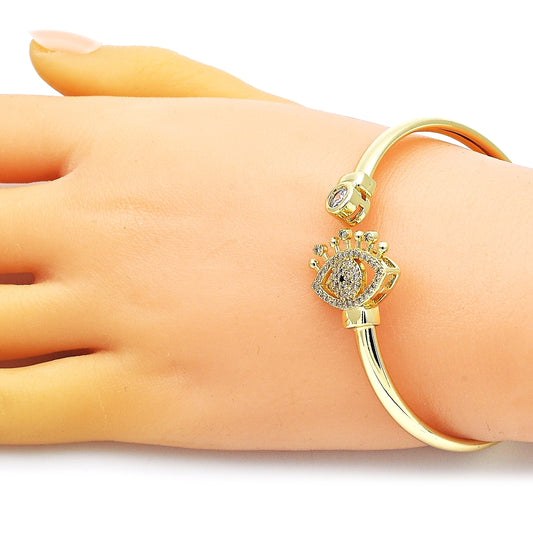 Oro Laminado Individual Bangle, Gold Filled Style Evil Eye Design, with White and Black Micro Pave, Polished, Golden Finish