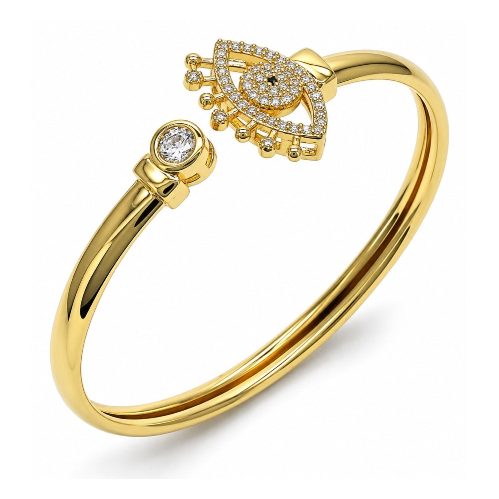 Oro Laminado Individual Bangle, Gold Filled Style Evil Eye Design, with White and Black Micro Pave, Polished, Golden Finish