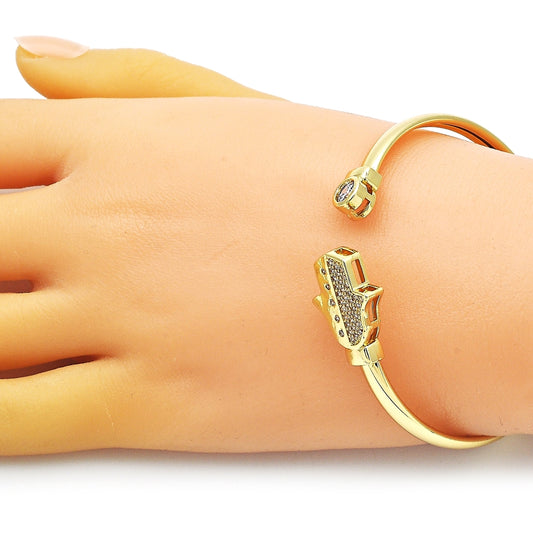 Oro Laminado Individual Bangle, Gold Filled Style Hand of God and Judaica Design, with White Micro Pave and White Cubic Zirconia, Polished, Golden Finish
