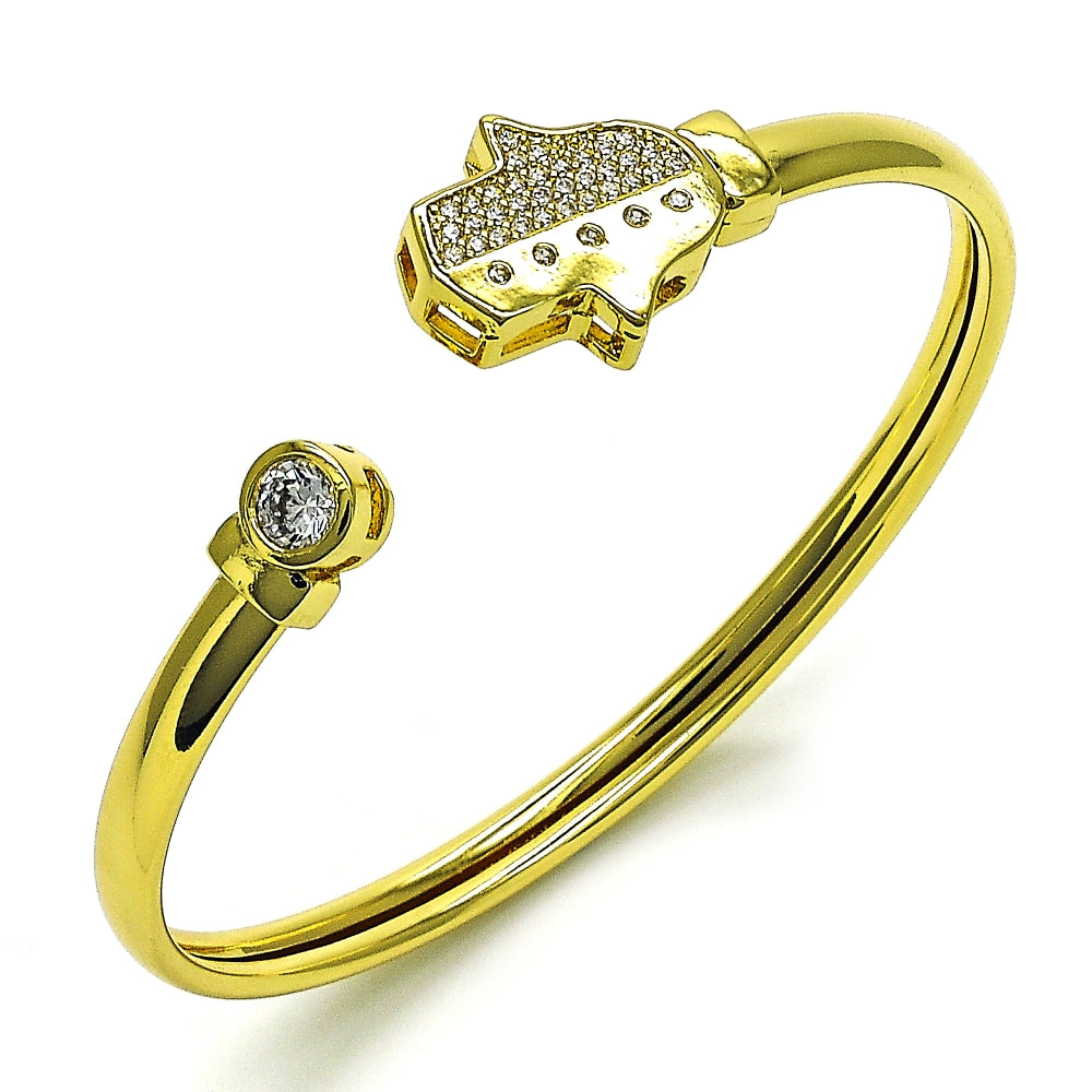 Oro Laminado Individual Bangle, Gold Filled Style Hand of God and Judaica Design, with White Micro Pave and White Cubic Zirconia, Polished, Golden Finish