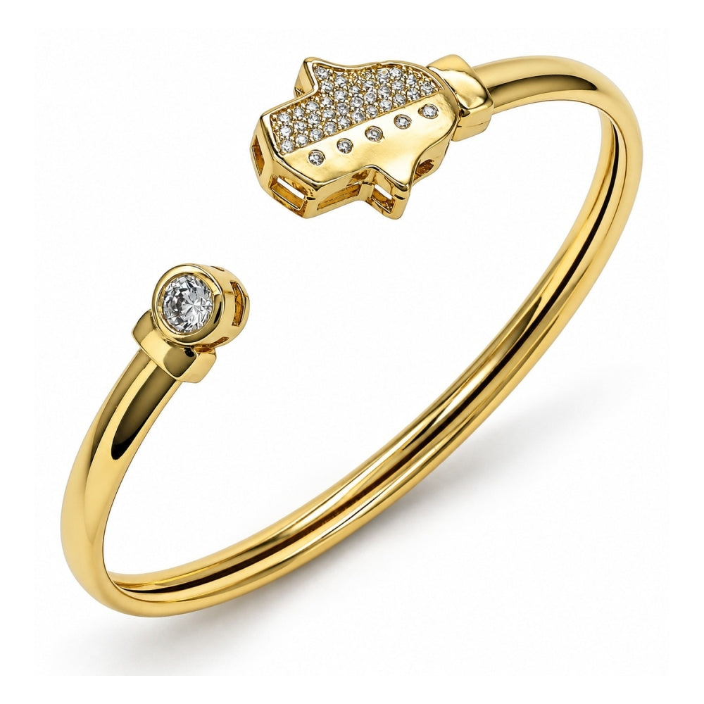 Oro Laminado Individual Bangle, Gold Filled Style Hand of God and Judaica Design, with White Micro Pave and White Cubic Zirconia, Polished, Golden Finish
