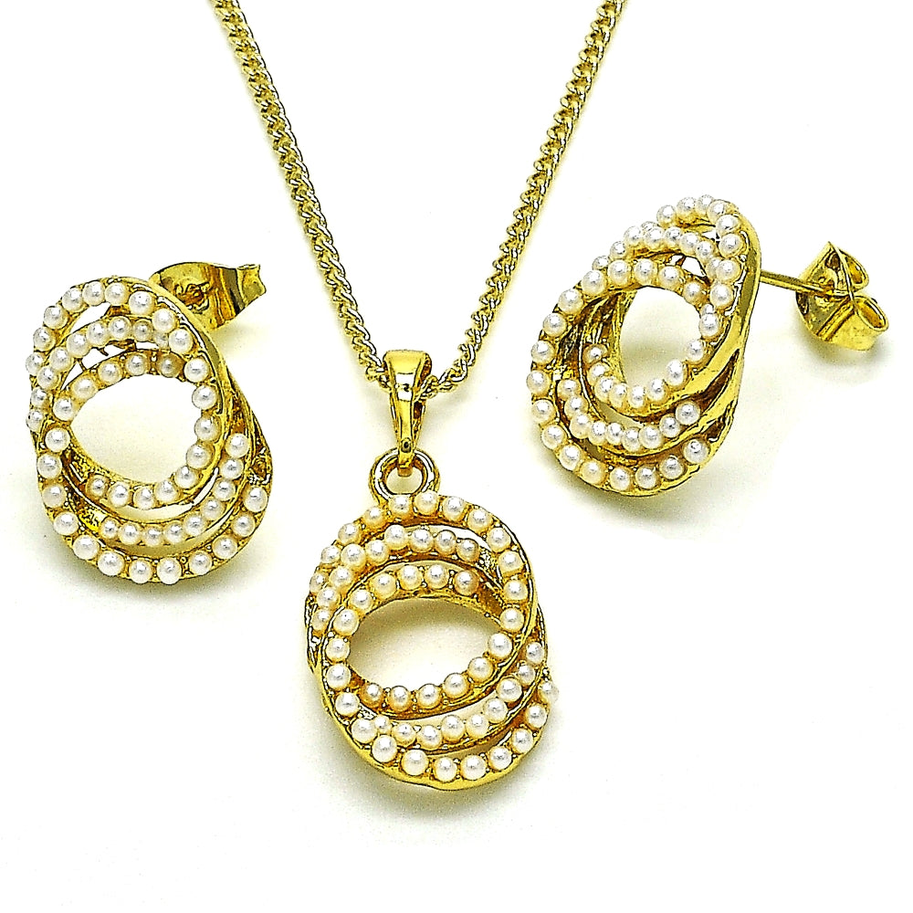 Oro Laminado Earring and Pendant Adult Set, Gold Filled Style with Ivory Pearl, Polished, Golden Finish
