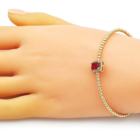 Oro Laminado Individual Bangle, Gold Filled Style Ball Design, with Garnet Cubic Zirconia and Ivory Pearl, Polished, Golden Finish