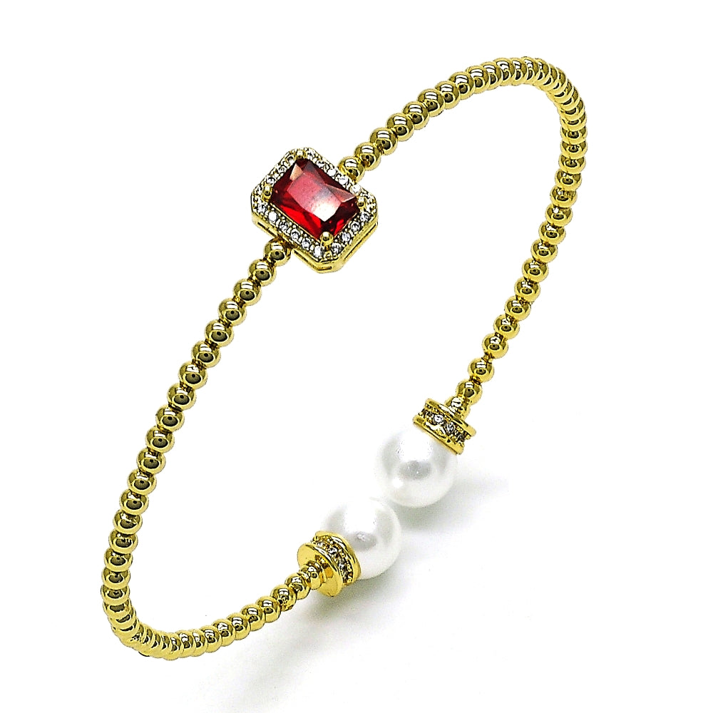 Oro Laminado Individual Bangle, Gold Filled Style Ball Design, with Garnet Cubic Zirconia and Ivory Pearl, Polished, Golden Finish