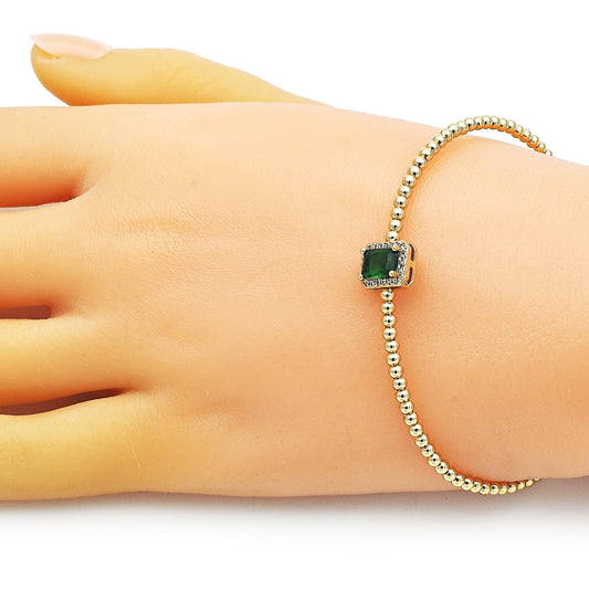 Oro Laminado Individual Bangle, Gold Filled Style Ball Design, with Green Cubic Zirconia and Ivory Pearl, Polished, Golden Finish