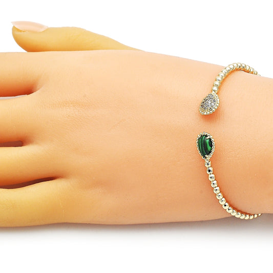 Oro Laminado Individual Bangle, Gold Filled Style Teardrop Design, with Green Crystal and White Micro Pave, Polished, Golden Finish