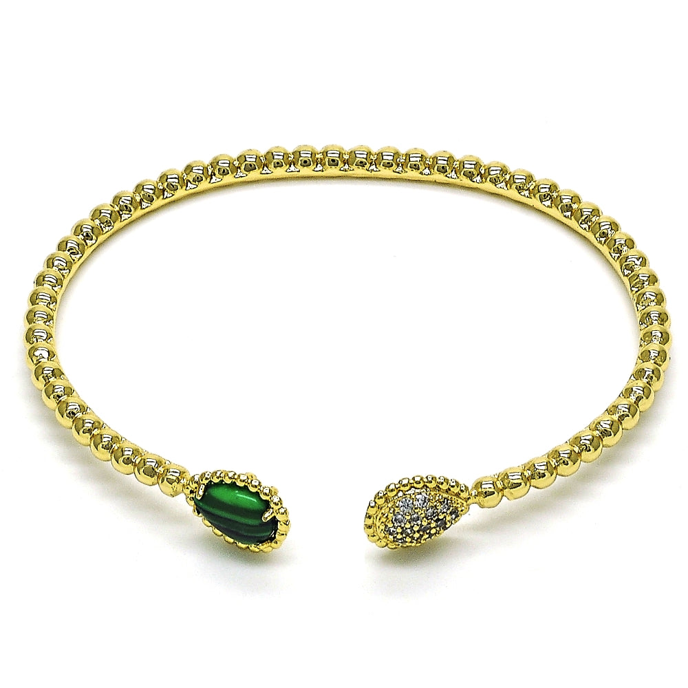 Oro Laminado Individual Bangle, Gold Filled Style Teardrop Design, with Green Crystal and White Micro Pave, Polished, Golden Finish