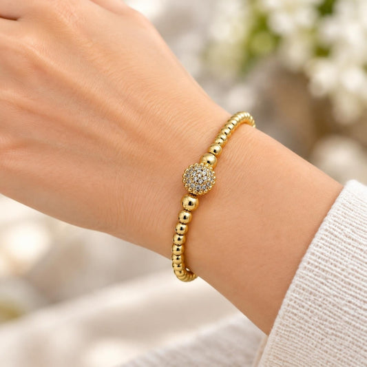 Oro Laminado Individual Bangle, Gold Filled Style Ball and Flower Design, with White Micro Pave, Polished, Golden Finish