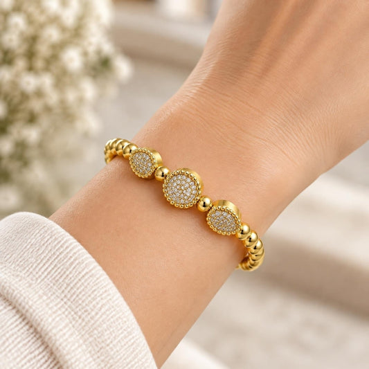 Oro Laminado Individual Bangle, Gold Filled Style Ball and Teardrop Design, with White Micro Pave, Polished, Golden Finish