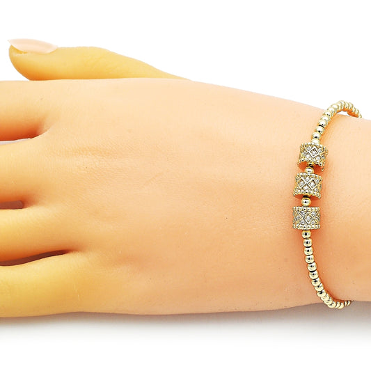 Oro Laminado Individual Bangle, Gold Filled Style Ball Design, with White Micro Pave, Polished, Golden Finish