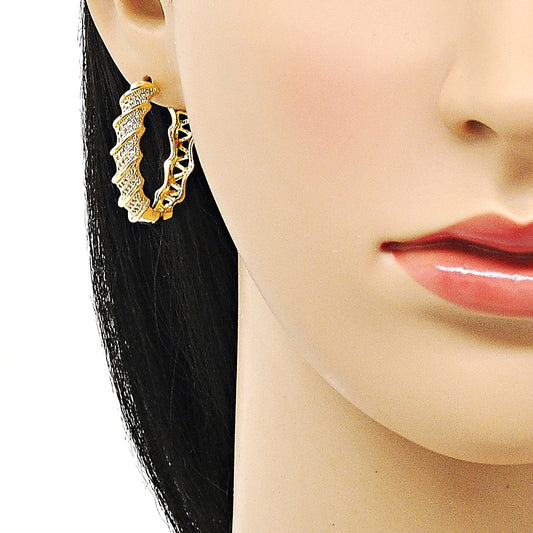 Oro Laminado Huggie Hoop, Gold Filled Style Twist Design, with White Micro Pave, Polished, Golden Finish