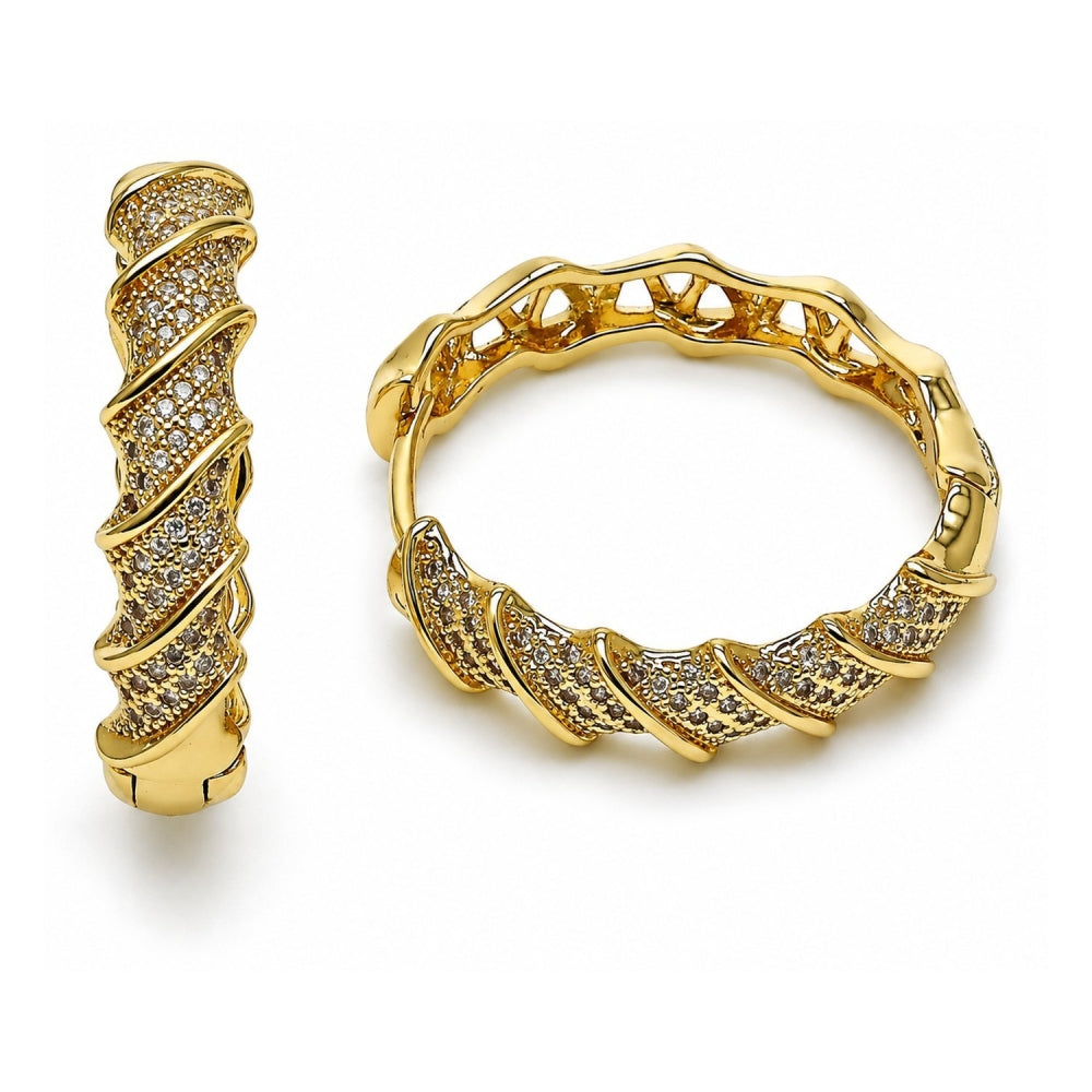Oro Laminado Huggie Hoop, Gold Filled Style Twist Design, with White Micro Pave, Polished, Golden Finish