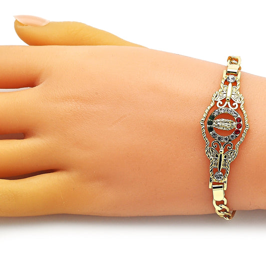 Oro Laminado Fancy Bracelet, Gold Filled Style San Judas and Figaro Design, with Garnet and White Crystal, Polished, Golden Finish