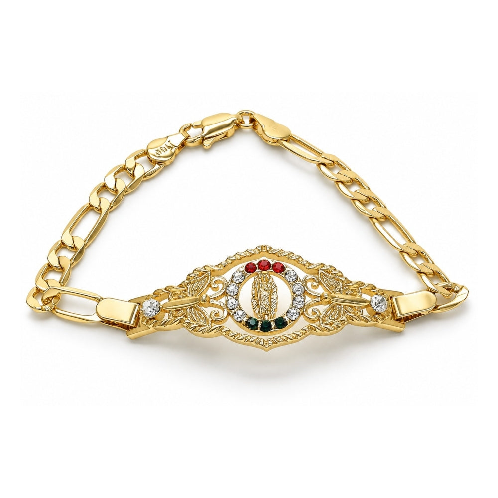 Oro Laminado Fancy Bracelet, Gold Filled Style San Judas and Figaro Design, with Garnet and White Crystal, Polished, Golden Finish