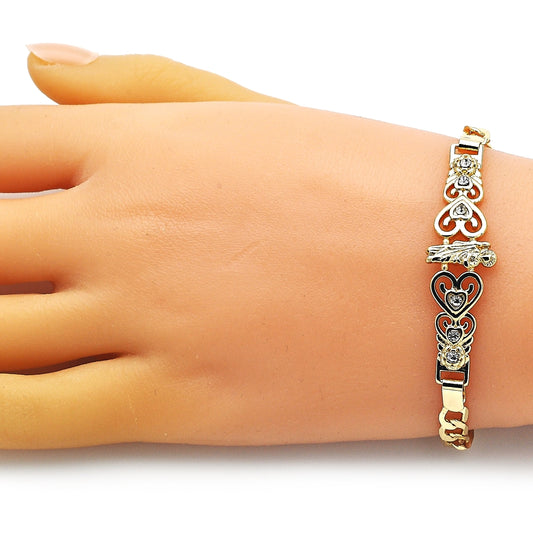 Oro Laminado Fancy Bracelet, Gold Filled Style San Judas and Figaro Design, with White Crystal, Polished, Golden Finish