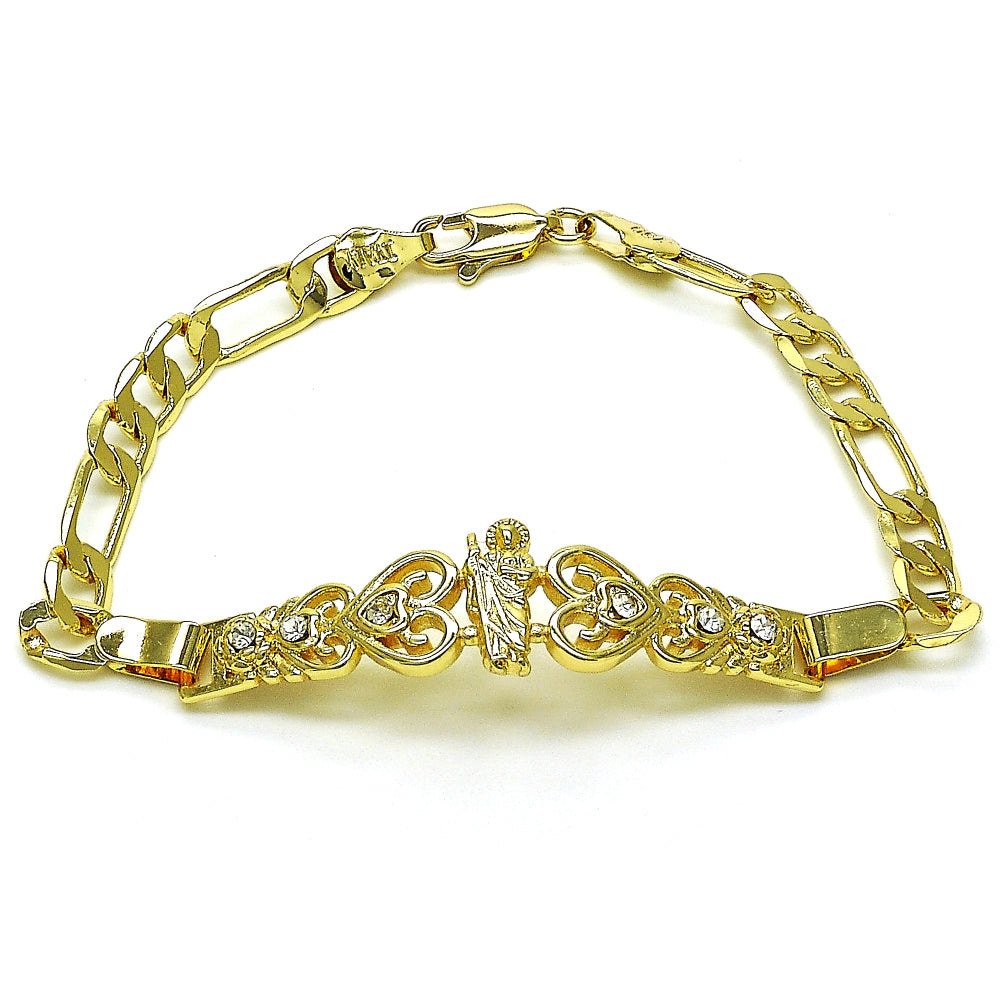 Oro Laminado Fancy Bracelet, Gold Filled Style San Judas and Figaro Design, with White Crystal, Polished, Golden Finish