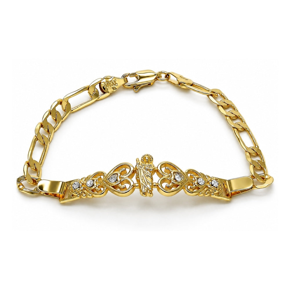 Oro Laminado Fancy Bracelet, Gold Filled Style San Judas and Figaro Design, with White Crystal, Polished, Golden Finish