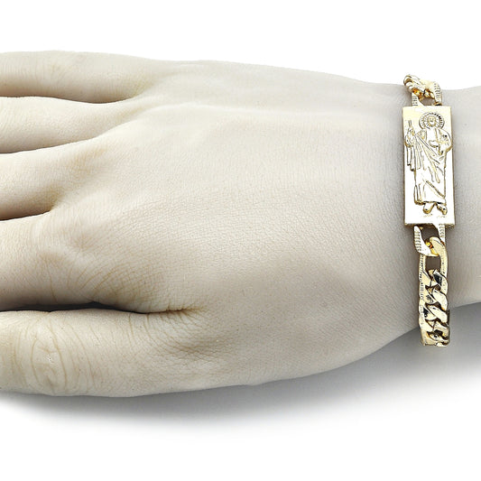 Oro Laminado Fancy Bracelet, Gold Filled Style San Judas and Pave Figaro Design, Polished, Golden Finish