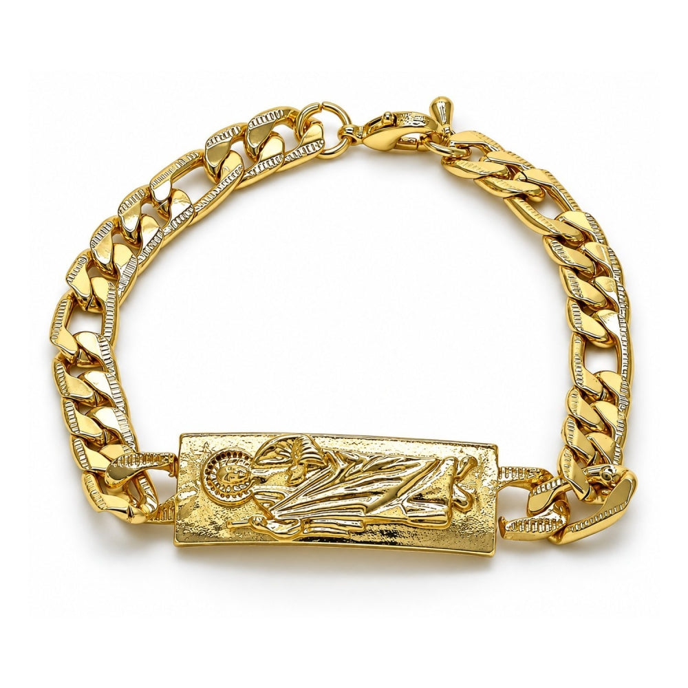 Oro Laminado Fancy Bracelet, Gold Filled Style San Judas and Pave Figaro Design, Polished, Golden Finish
