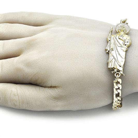 Oro Laminado Fancy Bracelet, Gold Filled Style San Judas and Pave Figaro Design, Polished, Golden Finish