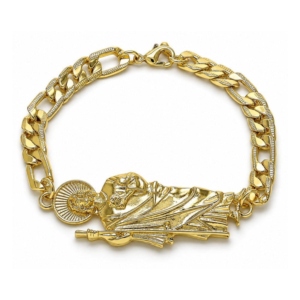 Oro Laminado Fancy Bracelet, Gold Filled Style San Judas and Pave Figaro Design, Polished, Golden Finish
