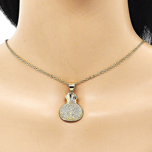 Oro Laminado Fancy Pendant, Gold Filled Style Money Sign Design, with White Micro Pave, Polished, Golden Finish