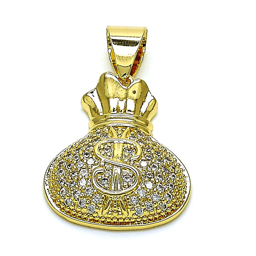 Oro Laminado Fancy Pendant, Gold Filled Style Money Sign Design, with White Micro Pave, Polished, Golden Finish