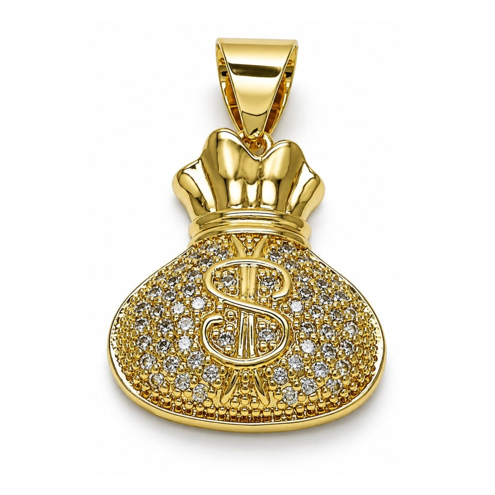 Oro Laminado Fancy Pendant, Gold Filled Style Money Sign Design, with White Micro Pave, Polished, Golden Finish