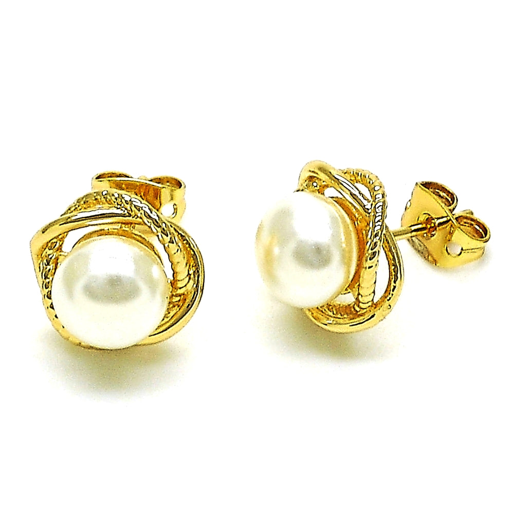 Oro Laminado Stud Earring, Gold Filled Style Infinite and Love Knot Design, with Ivory Pearl, Polished, Golden Finish