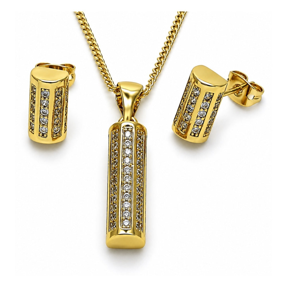 Oro Laminado Earring and Pendant Adult Set, Gold Filled Style with White Micro Pave, Polished, Golden Finish