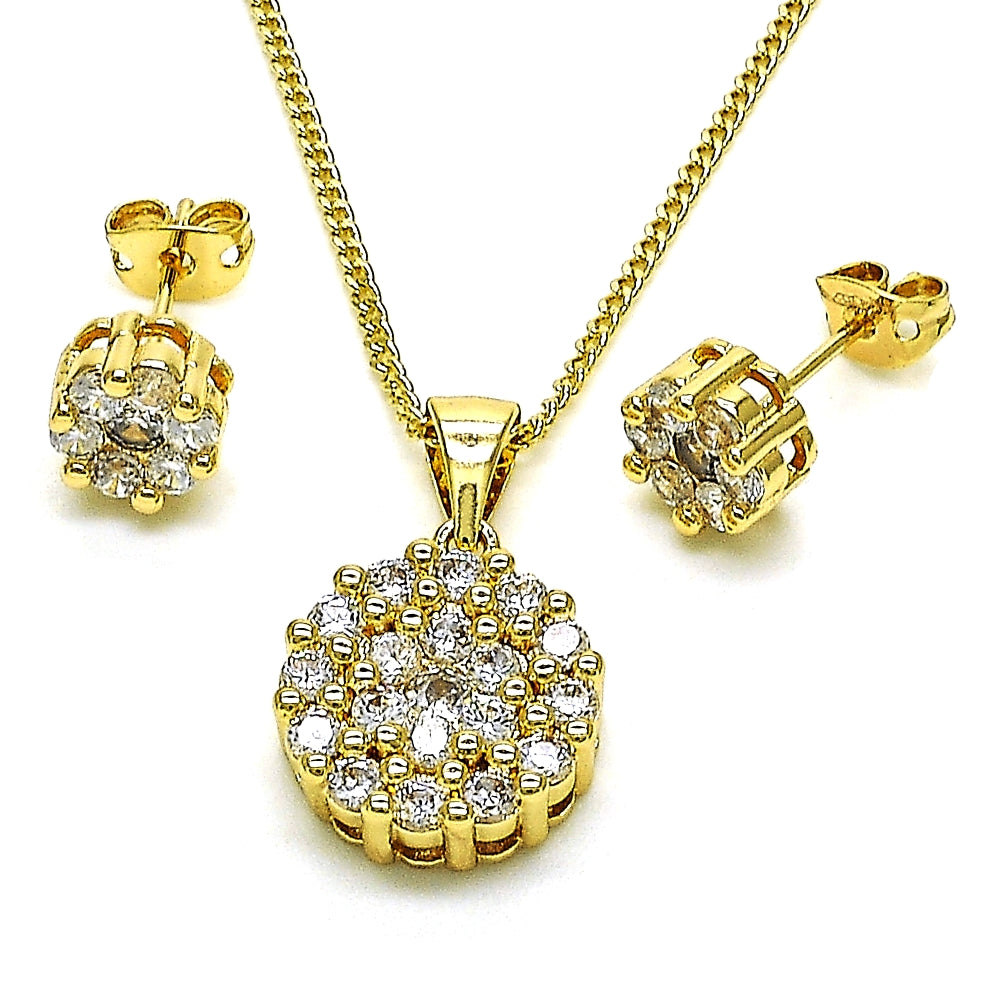 Oro Laminado Earring and Pendant Adult Set, Gold Filled Style Sun and Flower Design, with White Cubic Zirconia, Polished, Golden Finish