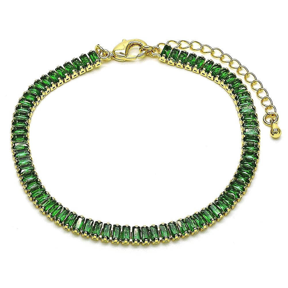 Oro Laminado Tennis Bracelet, Gold Filled Style Baguette Design, with Green Cubic Zirconia, Polished, Golden Finish