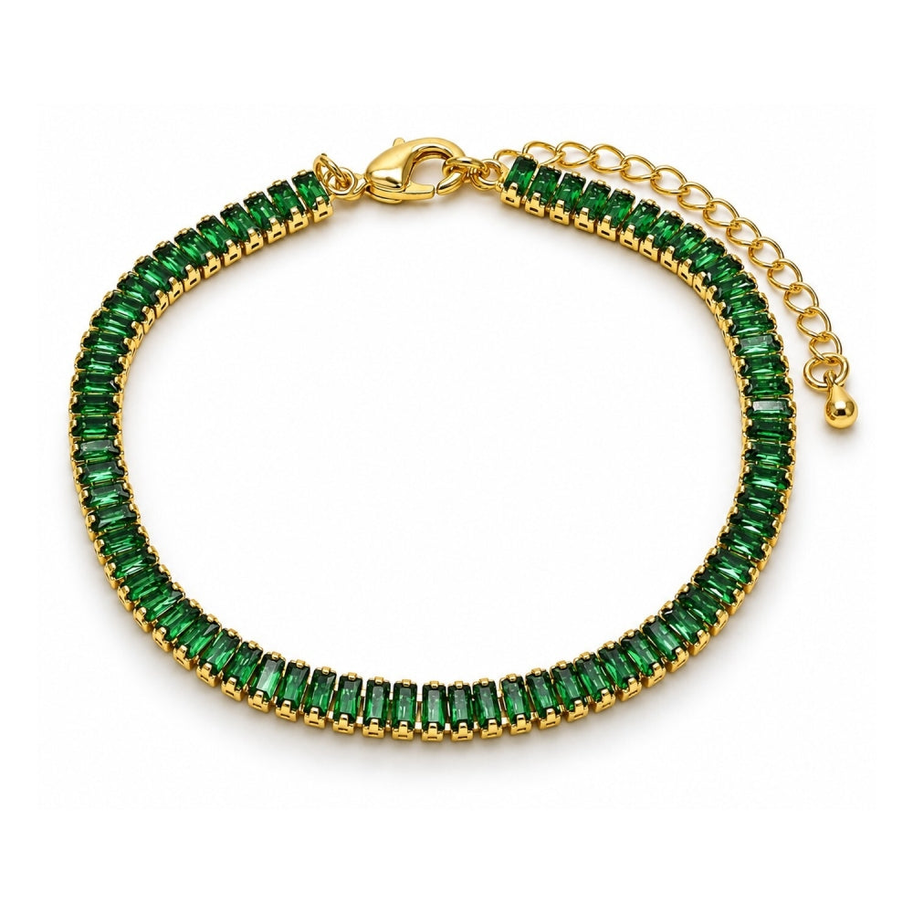 Oro Laminado Tennis Bracelet, Gold Filled Style Baguette Design, with Green Cubic Zirconia, Polished, Golden Finish