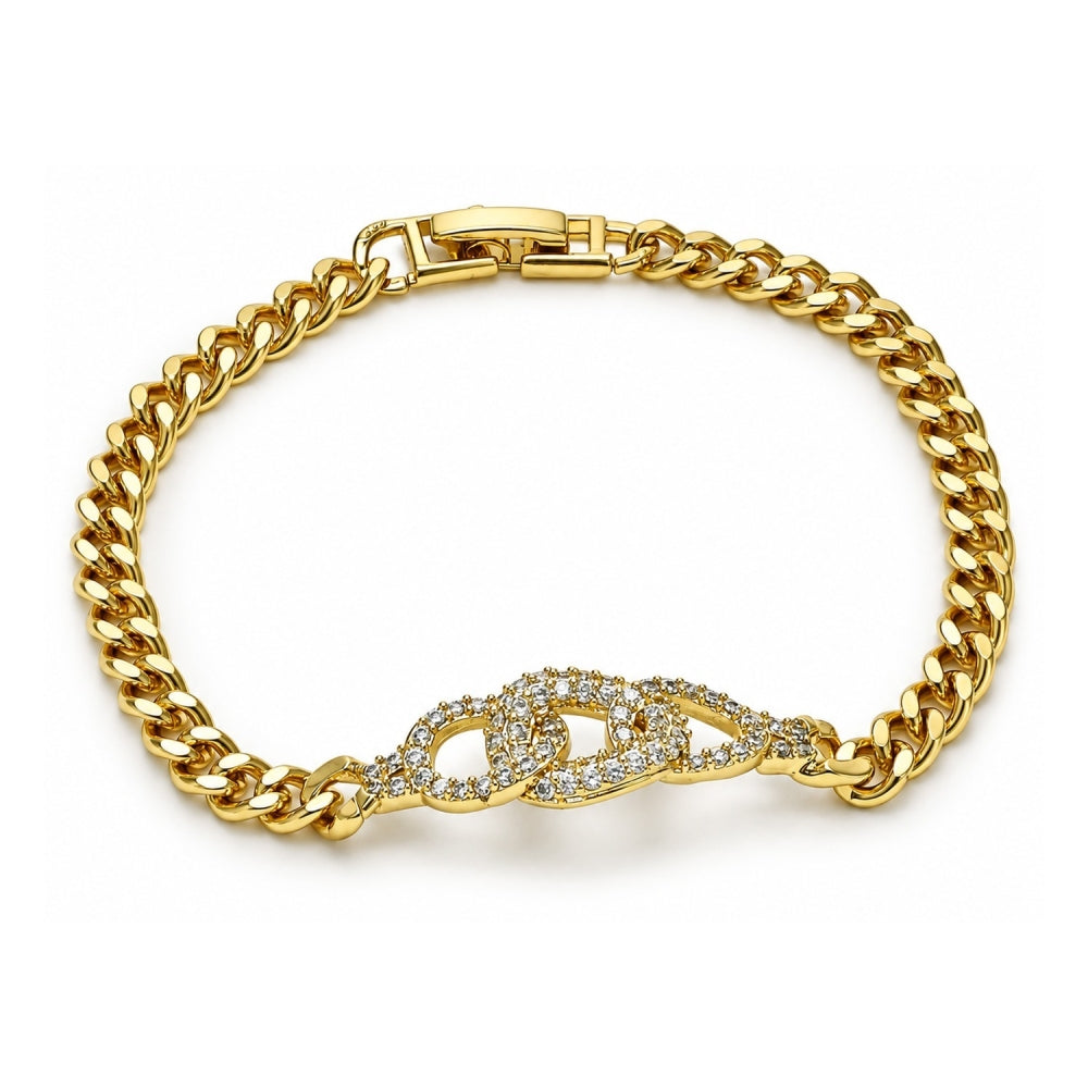 Oro Laminado Fancy Bracelet, Gold Filled Style Miami Cuban Design, with White Micro Pave, Polished, Golden Finish